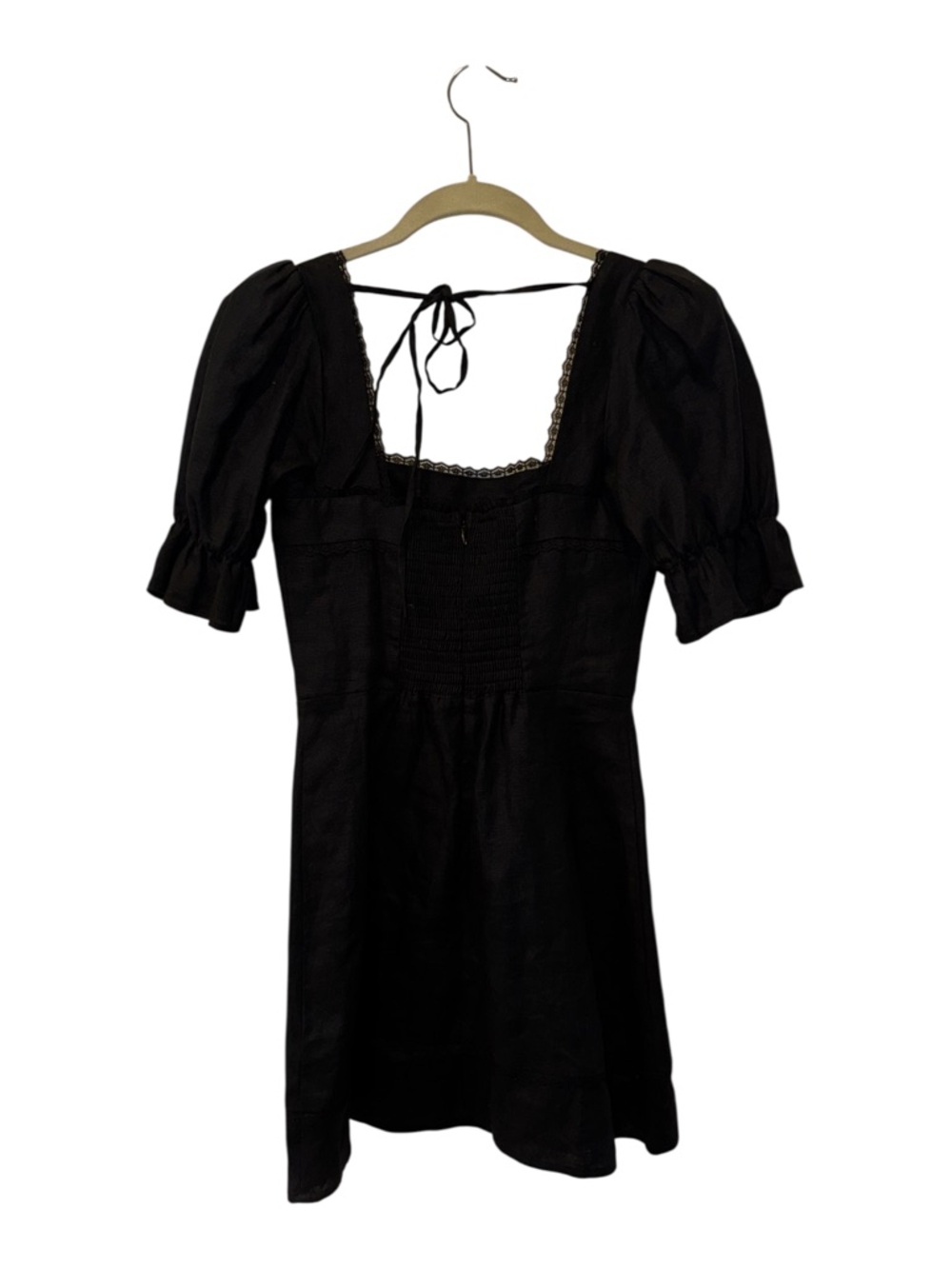 Reformation Evianna Black Linen Lace Trim Square Neck Puff Sleeve Mini Dress 0 - Picture 7 of 14
